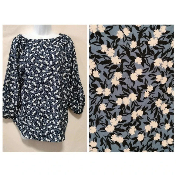 Ann Taylor size Small 3/4 Sleeves Blue Floral Pleated Blouse Top - Picture 1 of 10